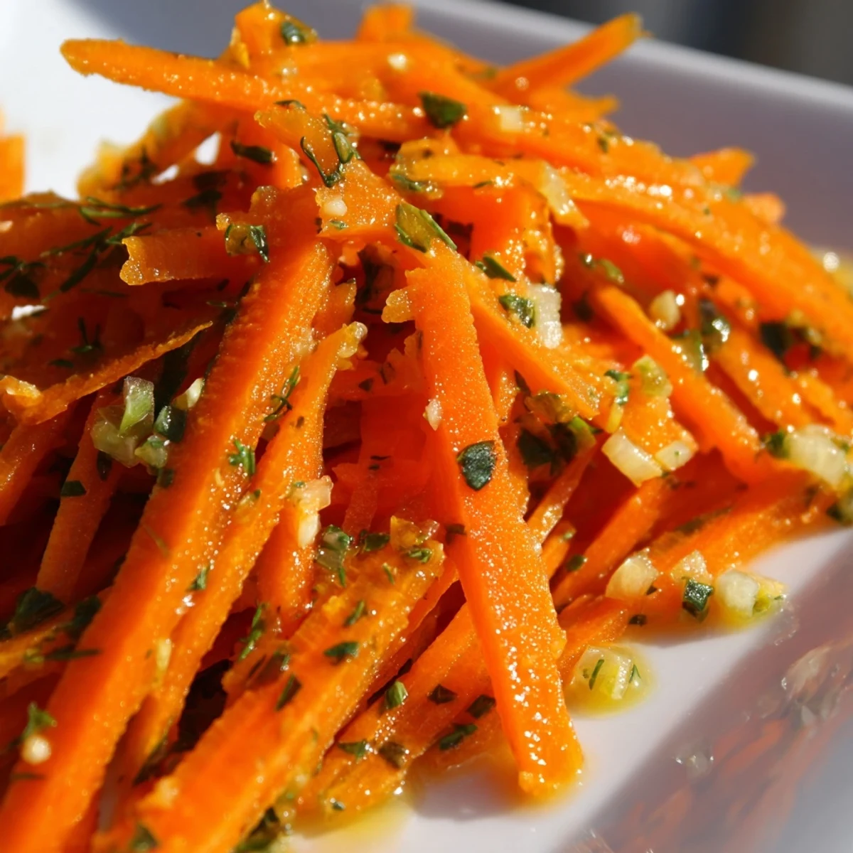 Crisp julienned carrots glistening with lemon dill vinaigrette in a rustic serving dish