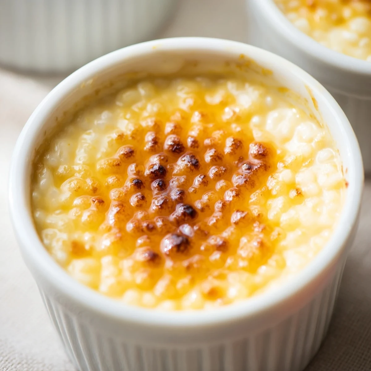 Creamy Portuguese rice custard topped with golden cinnamon sugar in white ramekins