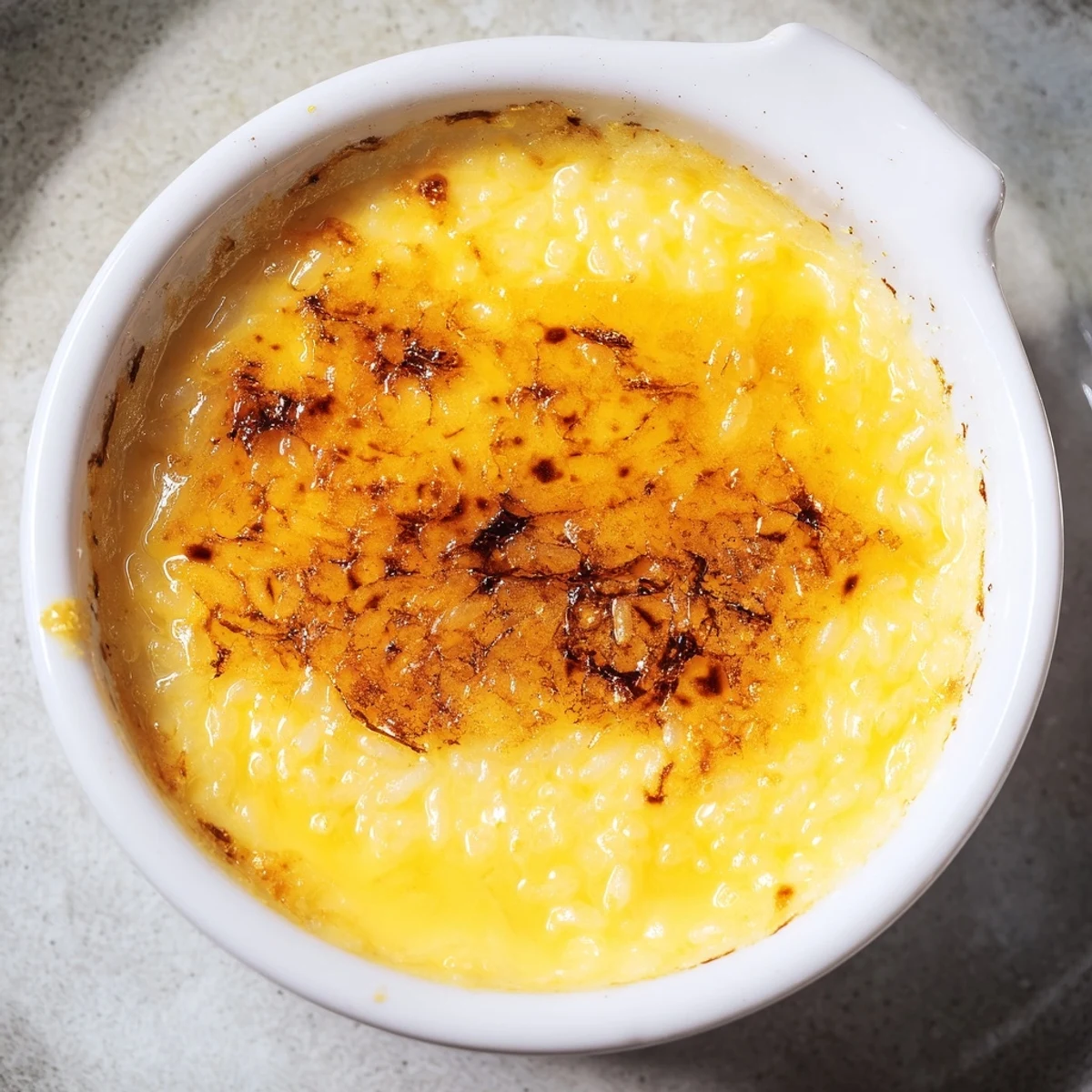 Silky Portuguese rice custard with caramelized cinnamon crust served in small dessert bowls