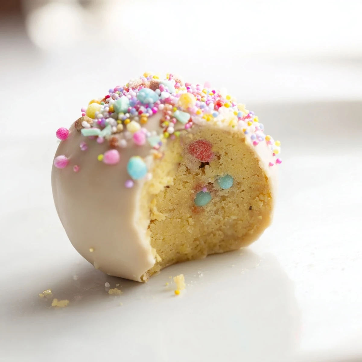 Creamy Banana Pudding Easter Truffles coated in white chocolate with colorful spring sprinkles