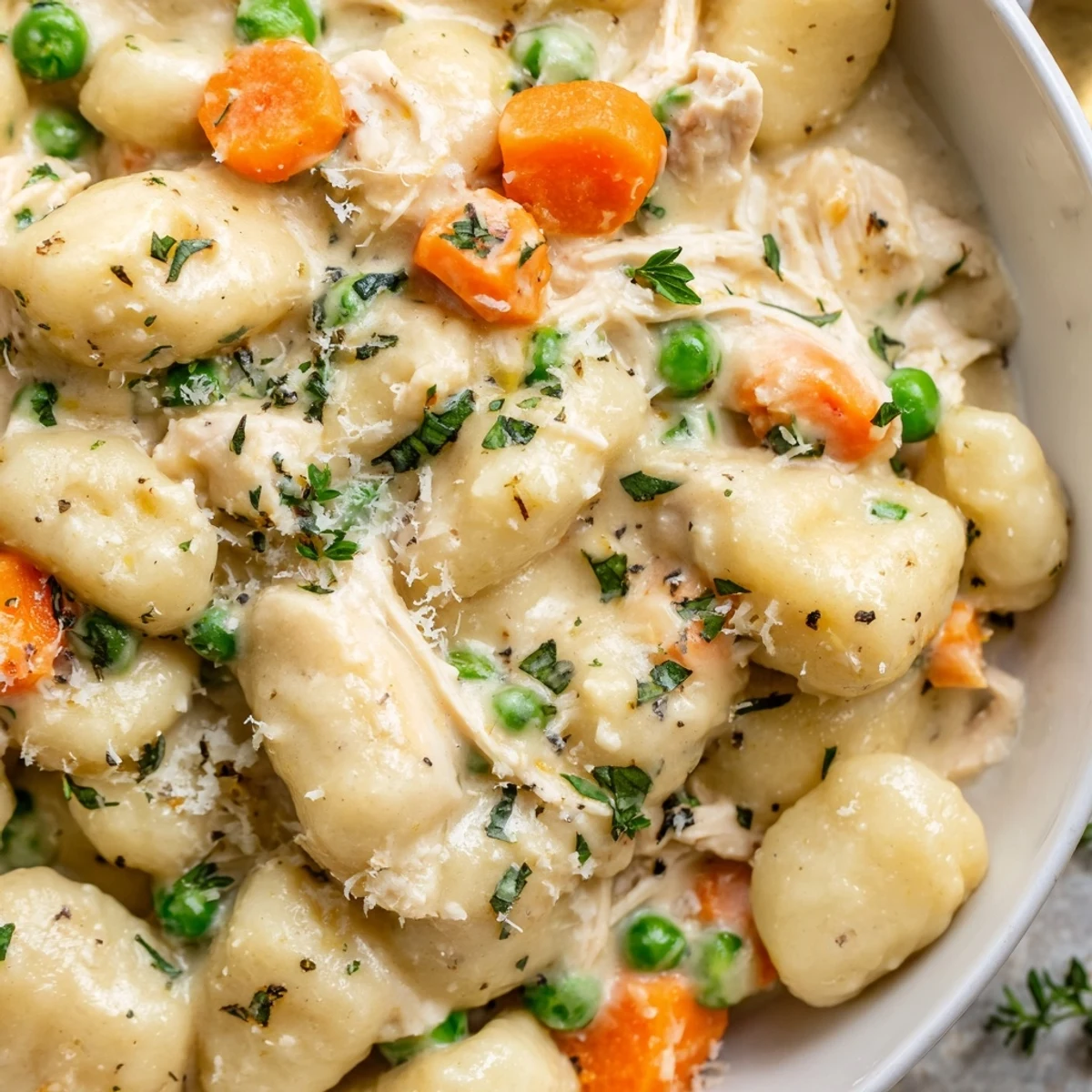 Creamy one pot gnocchi chicken pot pie in a golden skillet with tender vegetables