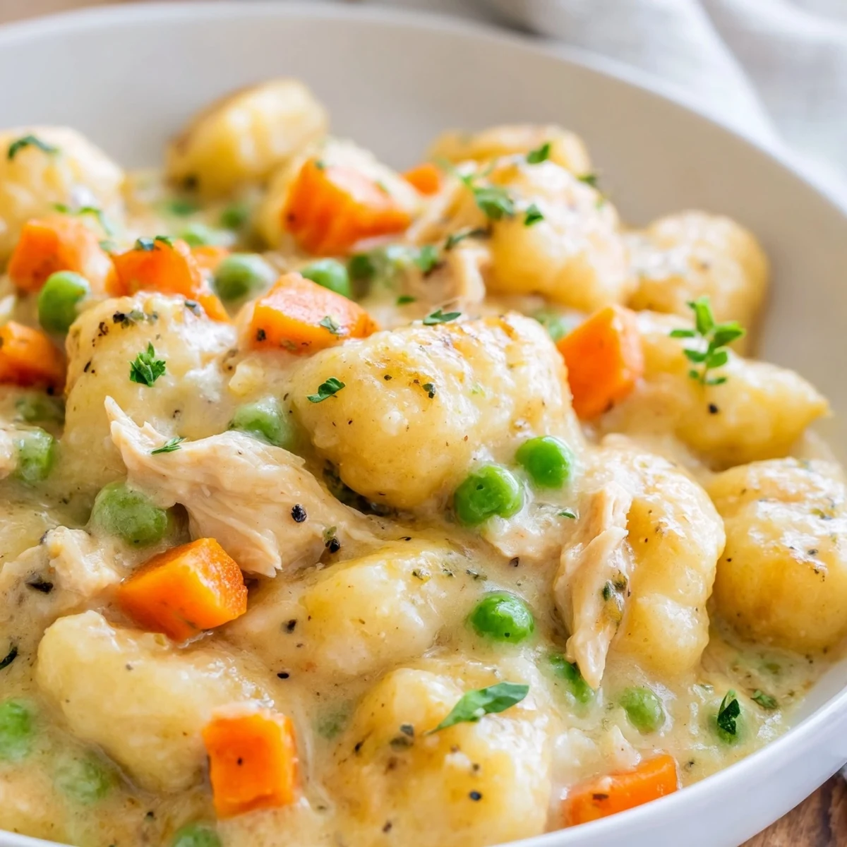 One pot gnocchi chicken pot pie topped with fresh parsley and parmesan