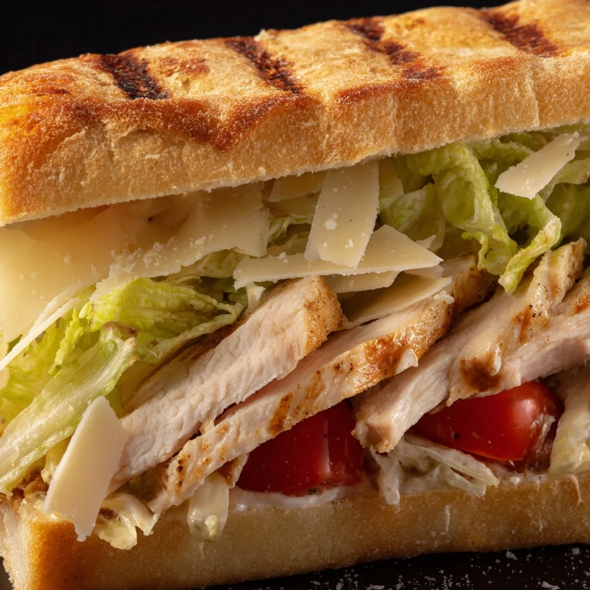 Golden toasted chicken Caesar sandwich with crisp romaine and creamy Parmesan dressing