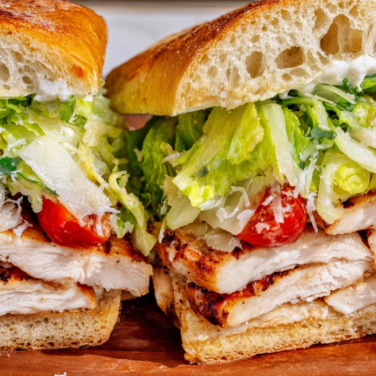 Juicy grilled chicken Caesar sandwich layered with fresh lettuce on crusty ciabatta