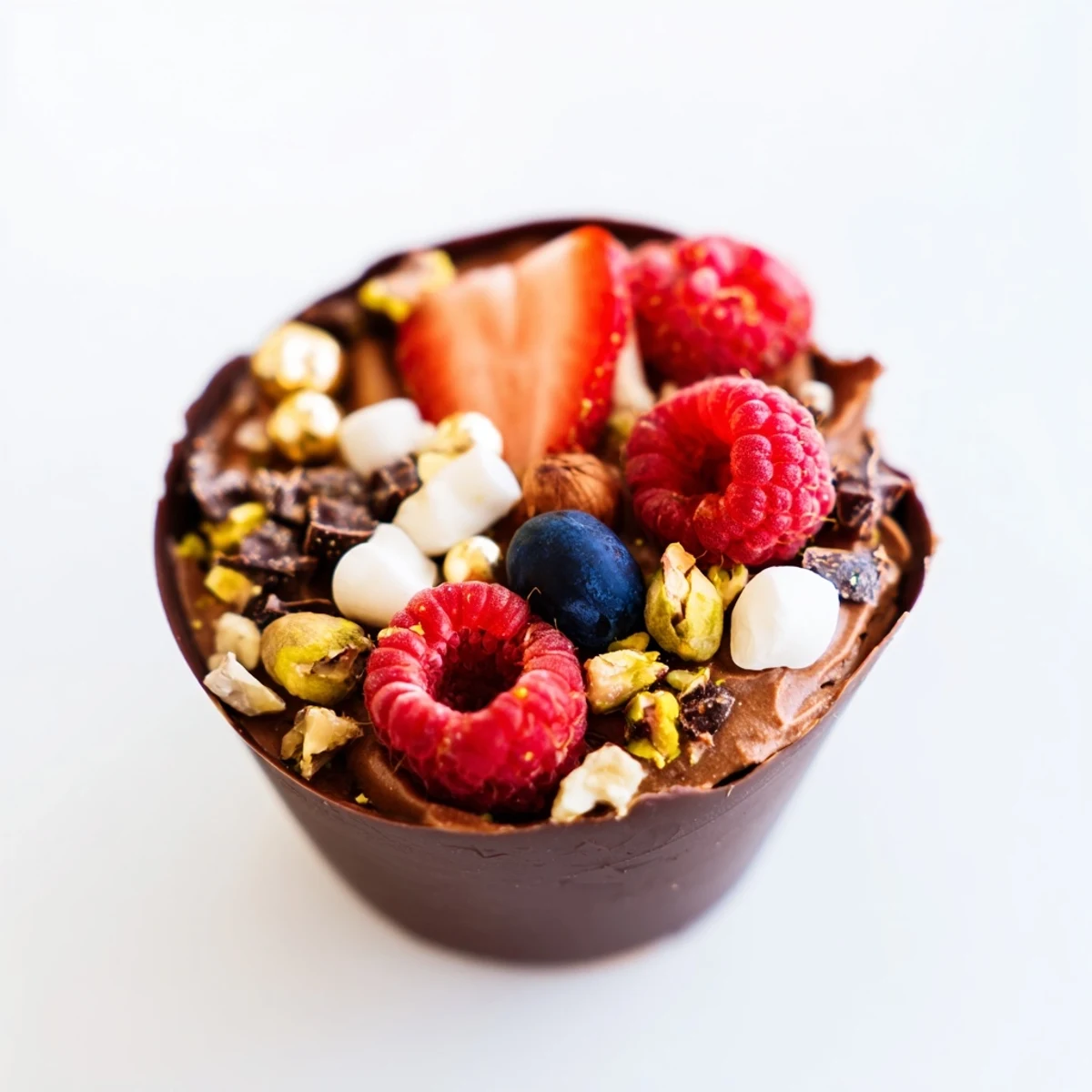 Dark chocolate grazing cups filled with creamy mousse and topped with fresh berries and nuts