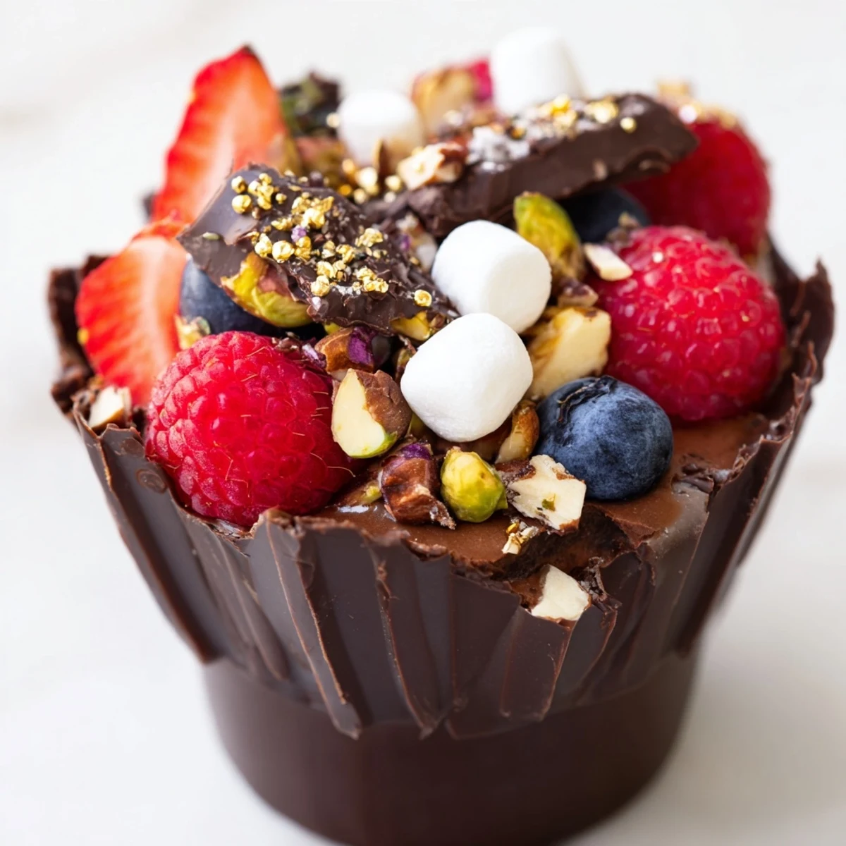 Chocolate grazing cups showcase silky chocolate mousse, jewel-toned berries, and crunchy nut garnishes