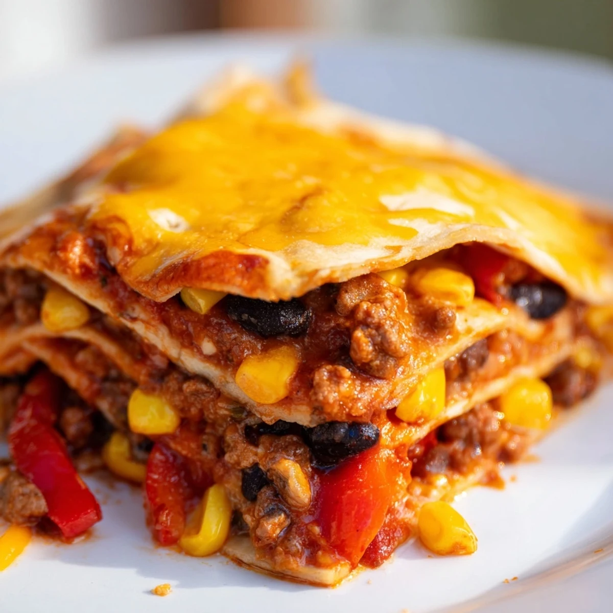 Golden melted cheese tops this Mexican lasagna with layers of seasoned beef and beans