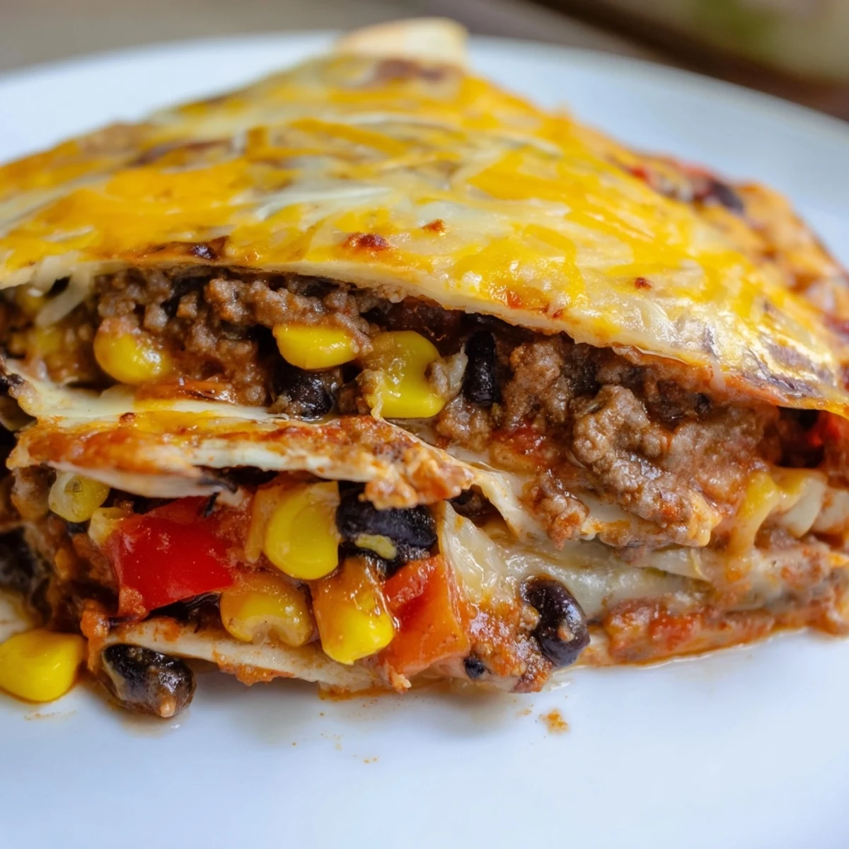Mexican lasagna with bubbly cheese layered between soft tortillas and spiced ground beef