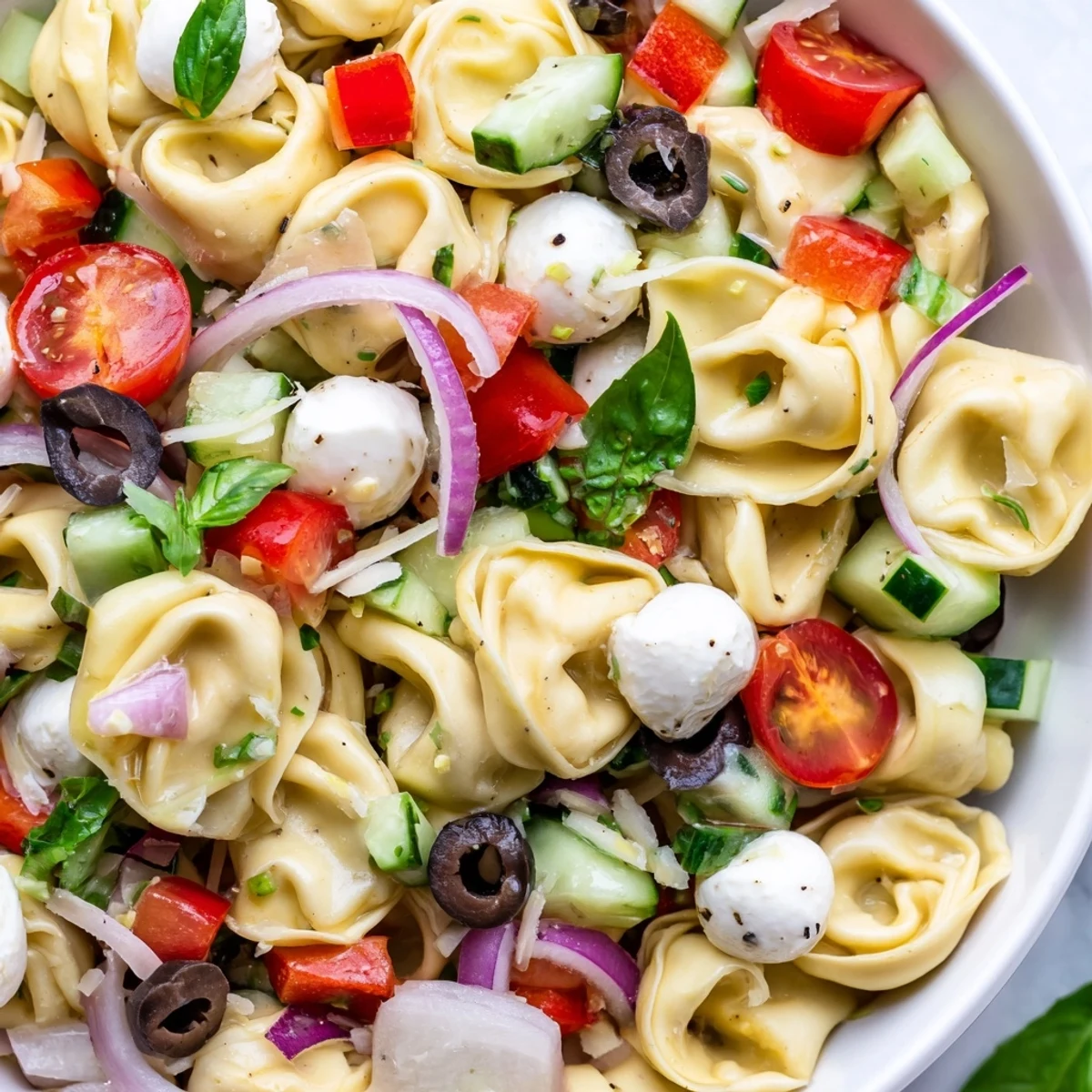 Colorful tortellini salad with cherry tomatoes, cucumber, and mozzarella in zesty Italian dressing