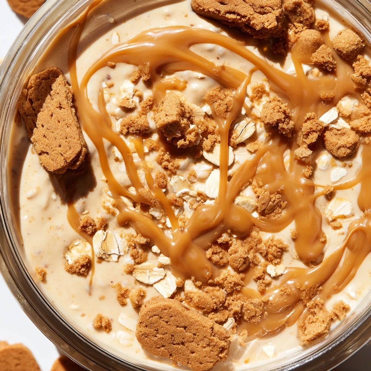 Creamy Biscoff overnight oats topped with crushed cookies and a caramel drizzle in a glass jar