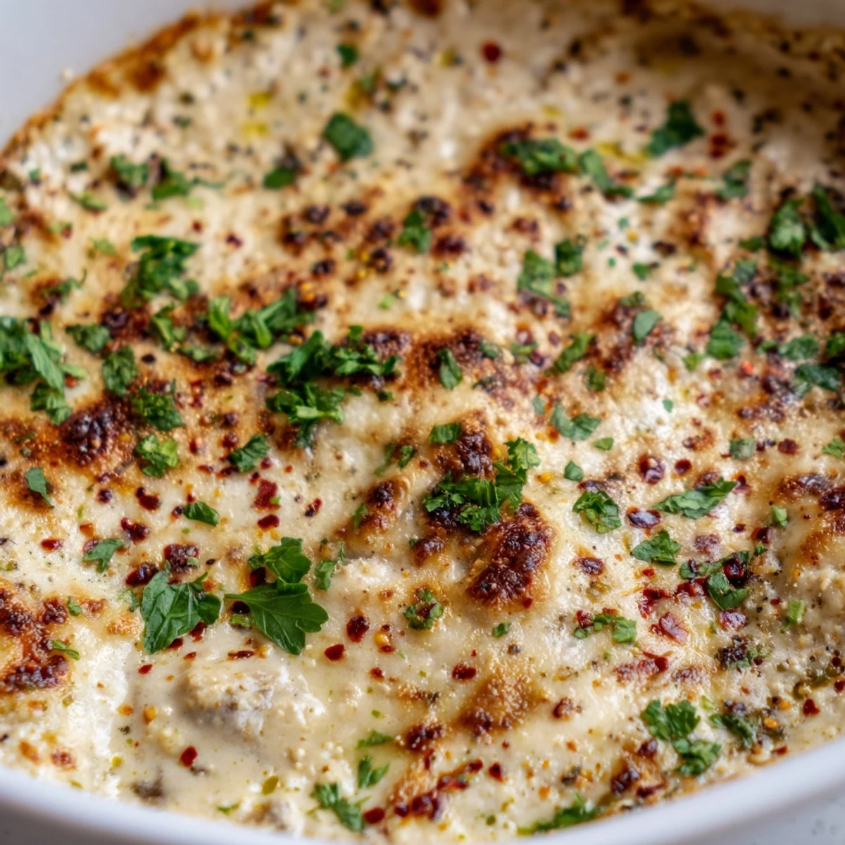 Creamy stuffed mushroom dip bubbling with melted cheese in a golden cast iron skillet