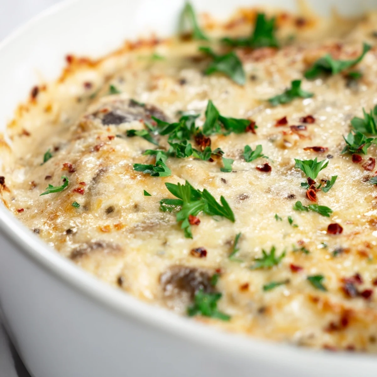 Warm stuffed mushroom dip served with crispy baguette slices and fresh crackers