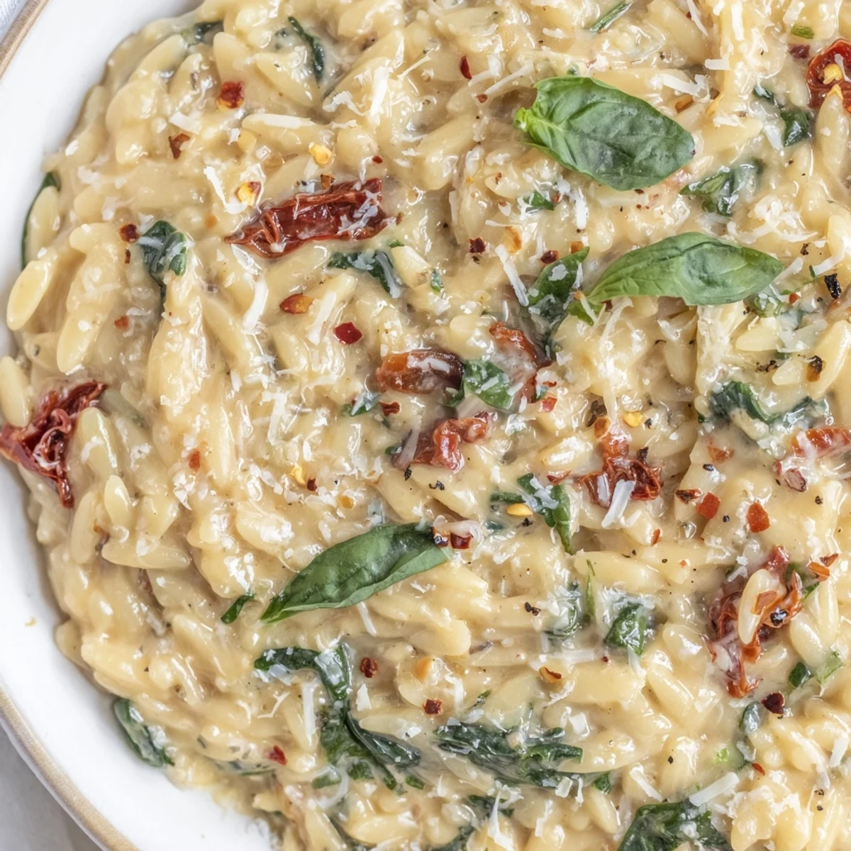 Creamy Tuscan Orzo in a skillet with sun-dried tomatoes, spinach, and melted Parmesan sauce