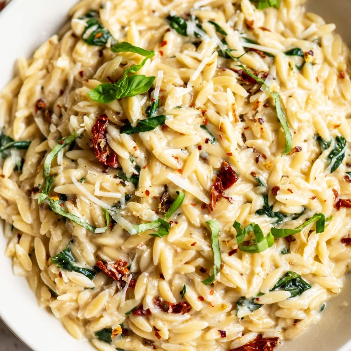 Golden orzo pasta coated in rich creamy Tuscan sauce with vibrant green spinach leaves