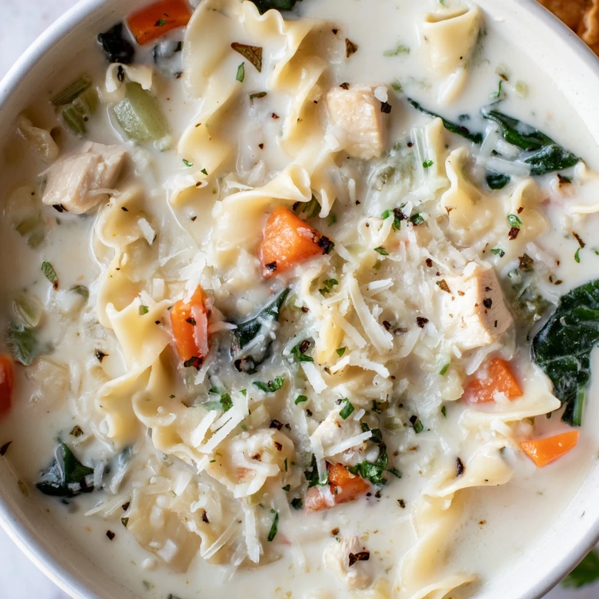 Creamy Italian white lasagna soup in a white bowl topped with fresh parsley and Parmesan cheese