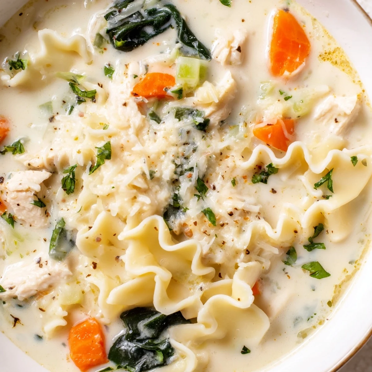 Steaming bowl of Italian white lasagna soup with tender chicken, wilted spinach, and broken noodles