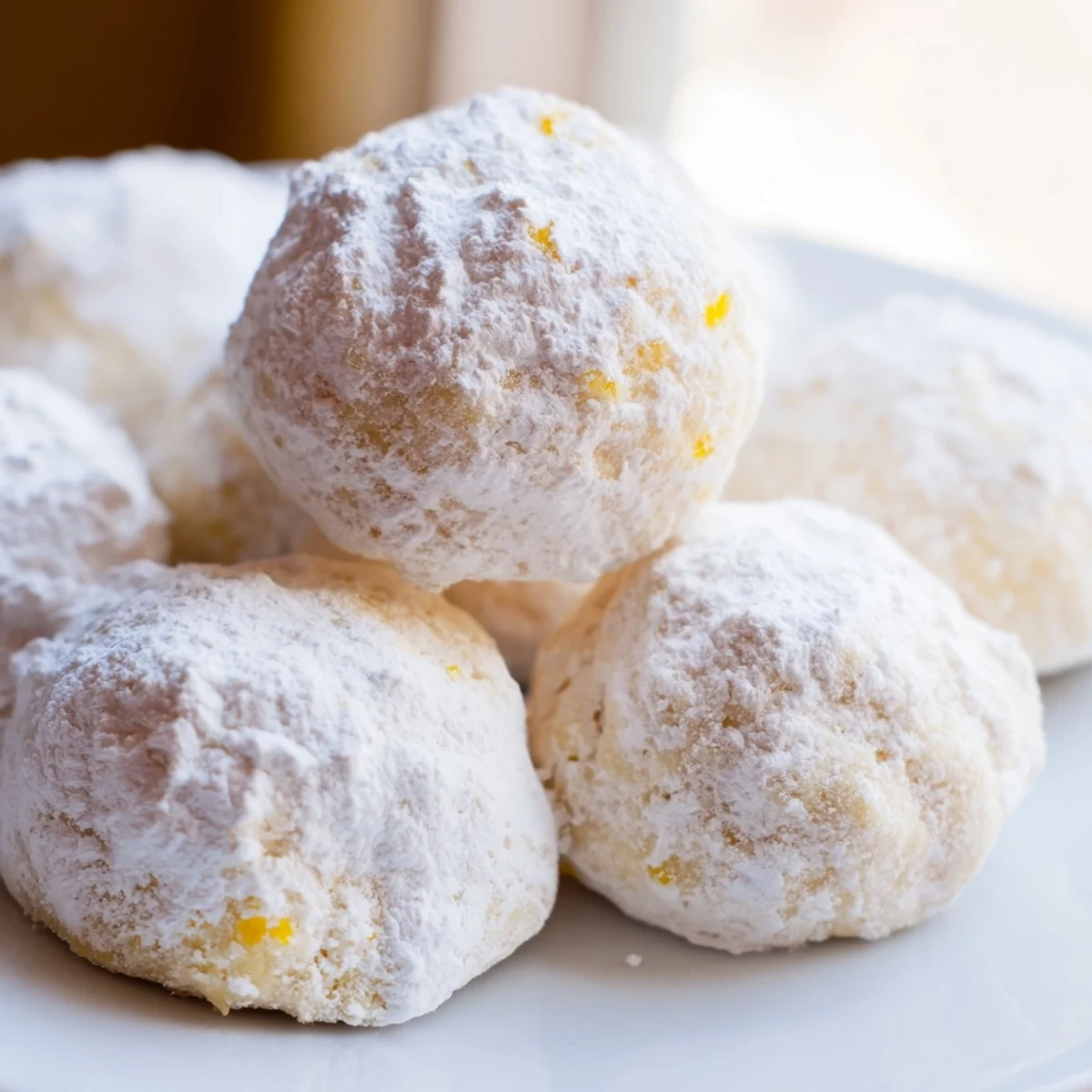 Melt-in-your-mouth Lemon Meltaways dusted with snowy powdered sugar on a rustic baking sheet