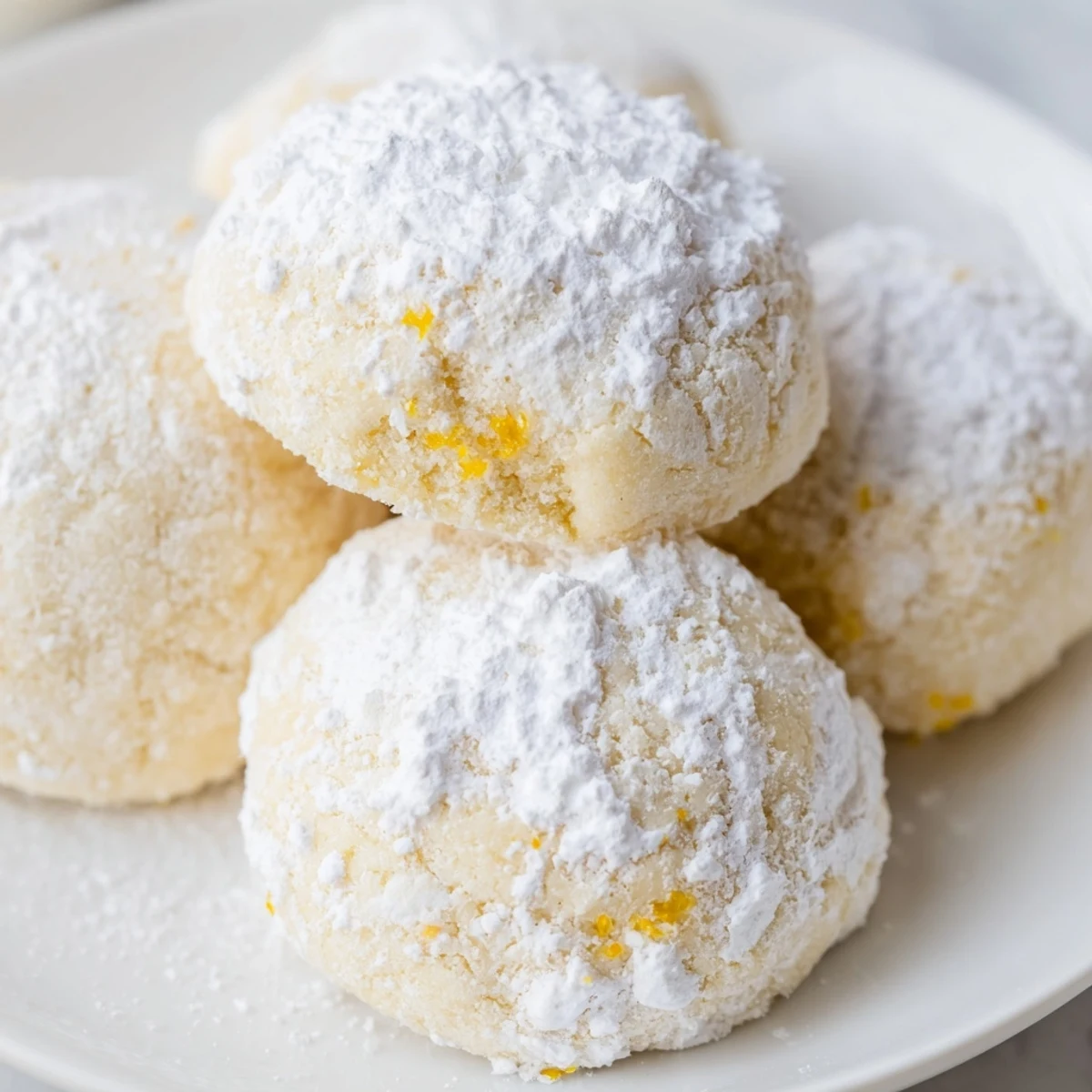 Golden Lemon Meltaways arranged on a white plate beside a steaming cup of tea