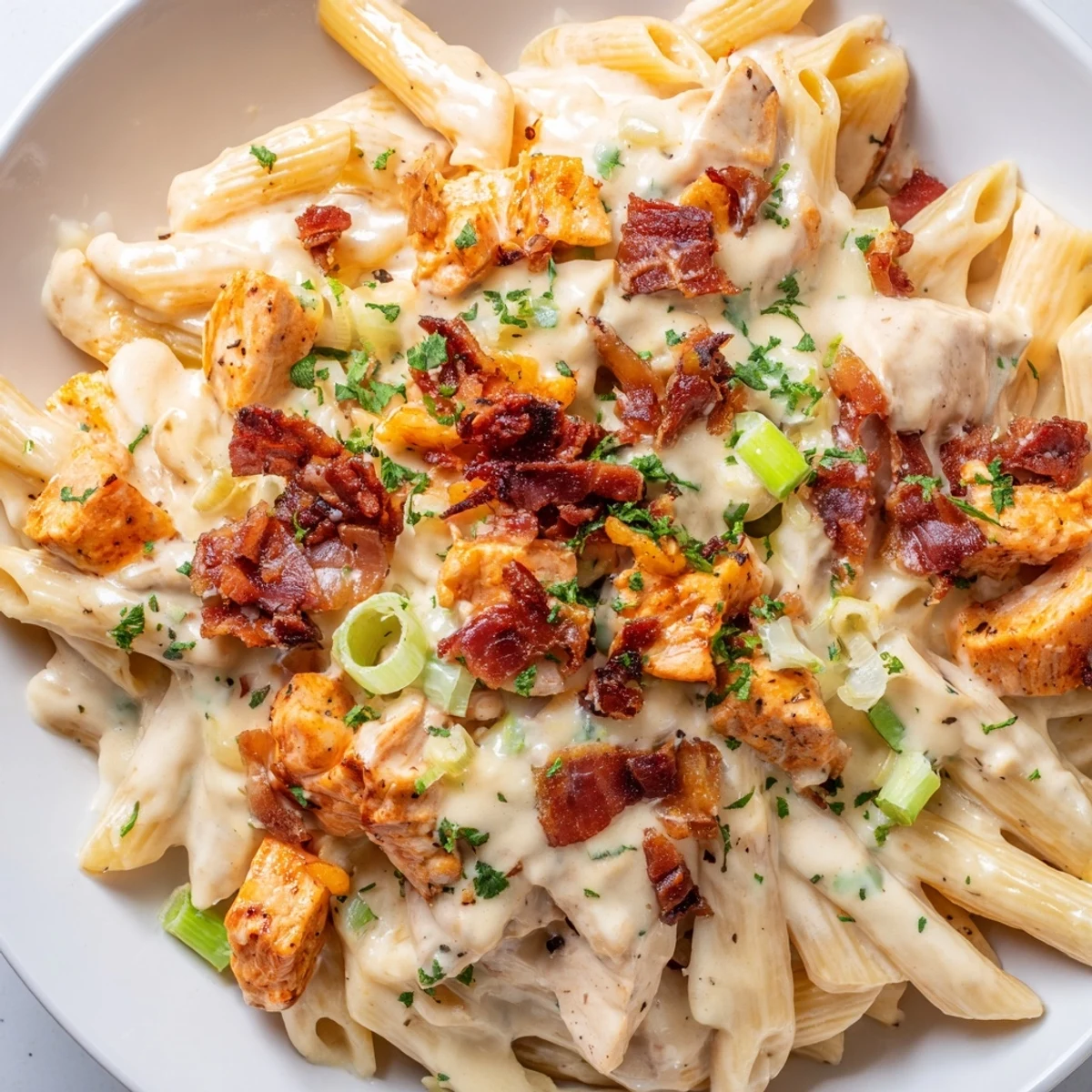 Creamy crack chicken pasta topped with crispy beef bacon and fresh green herbs in white bowl