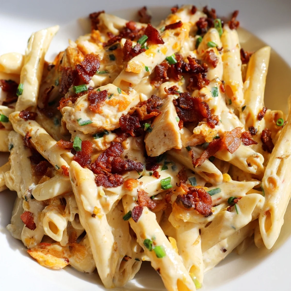 Golden tender chicken pieces coated in rich creamy crack chicken pasta sauce with melted cheddar cheese