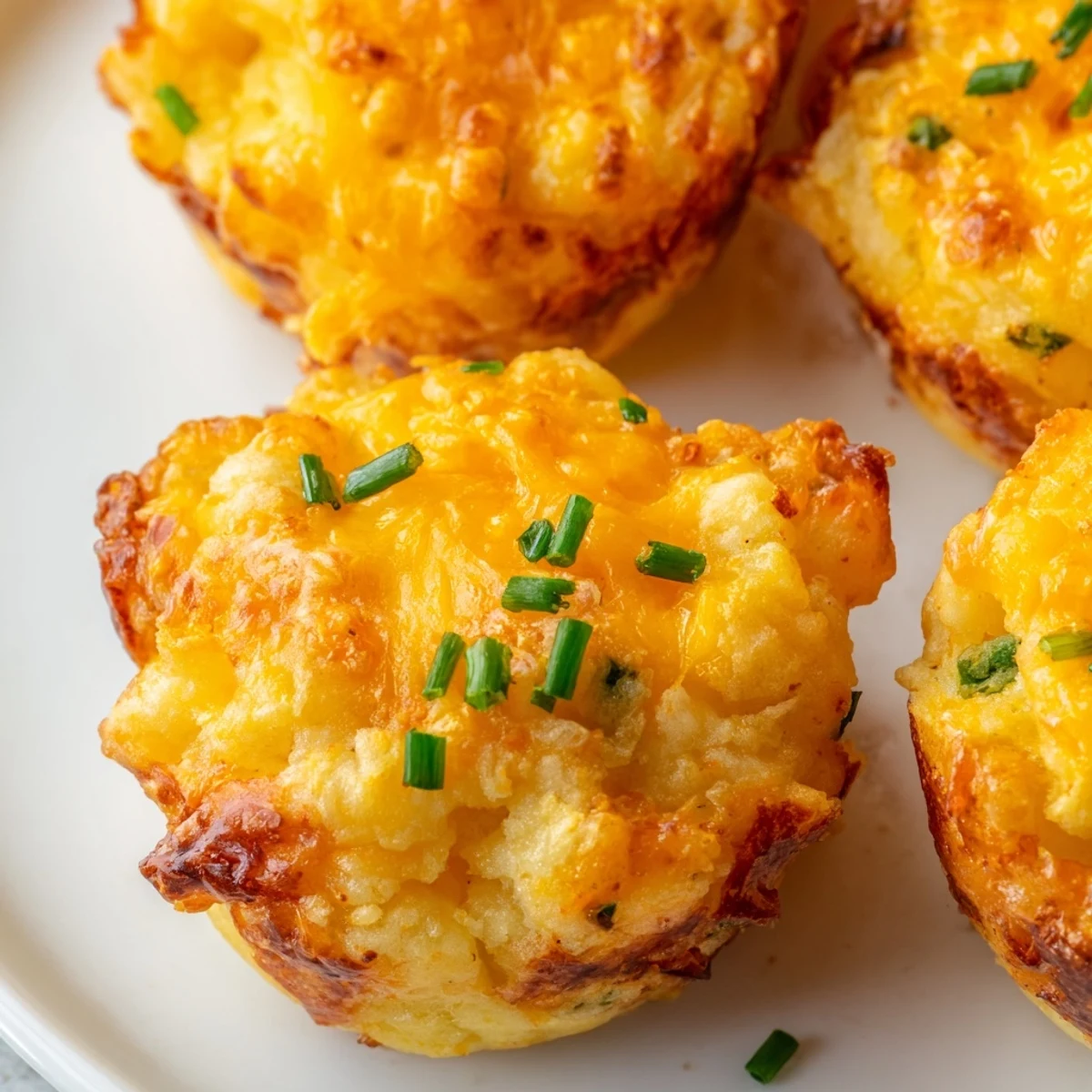 Creamy Mashed Potato Cheese Puffs arranged on a white plate, garnished with fresh snipped chives