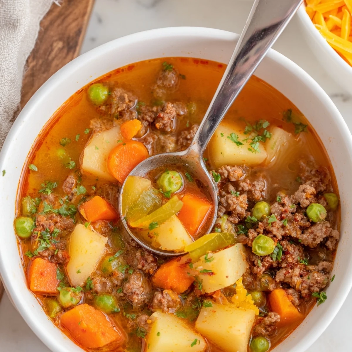 Steaming bowl of ground beef and potato soup with tender vegetables in rich broth