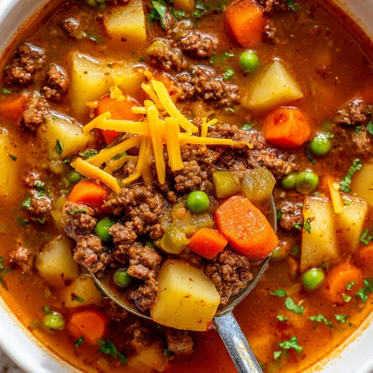 Hearty ground beef and potato soup loaded with soft potatoes and savory beef