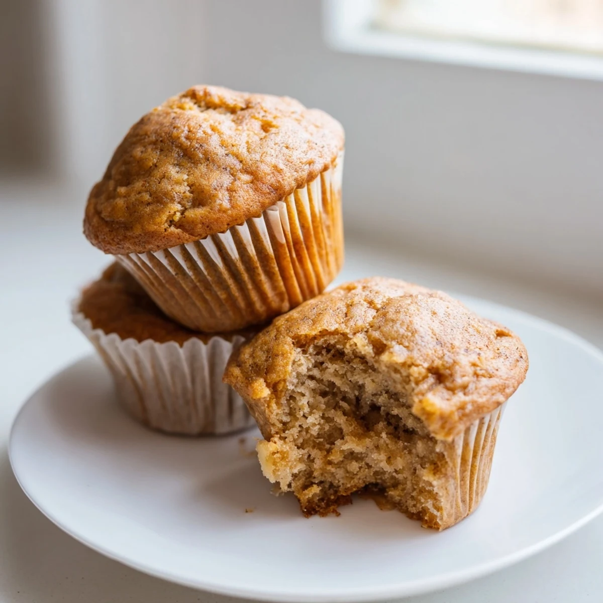 Moist banana muffins served warm on a rustic breakfast plate