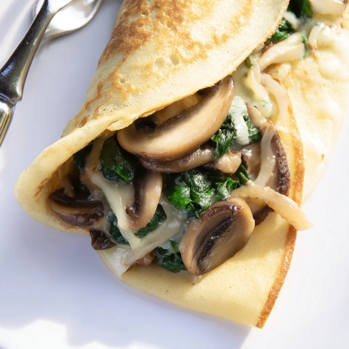 Golden savory crepes filled with sautéed spinach, mushrooms, and melted Gruyère cheese on a plate