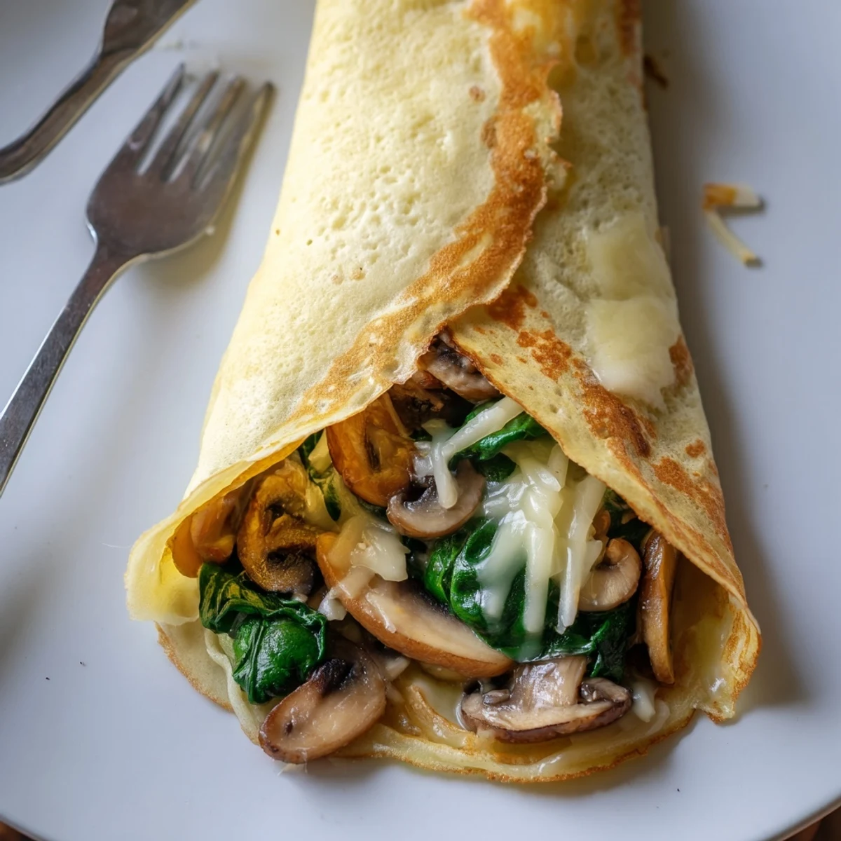 Thin French savory crepes rolled around a warm spinach and mushroom filling with bubbling cheese