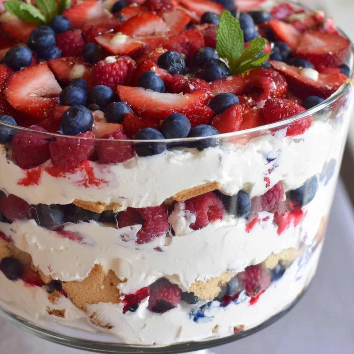 Creamy red white blue mixed berry yum yum layered in a glass trifle bowl