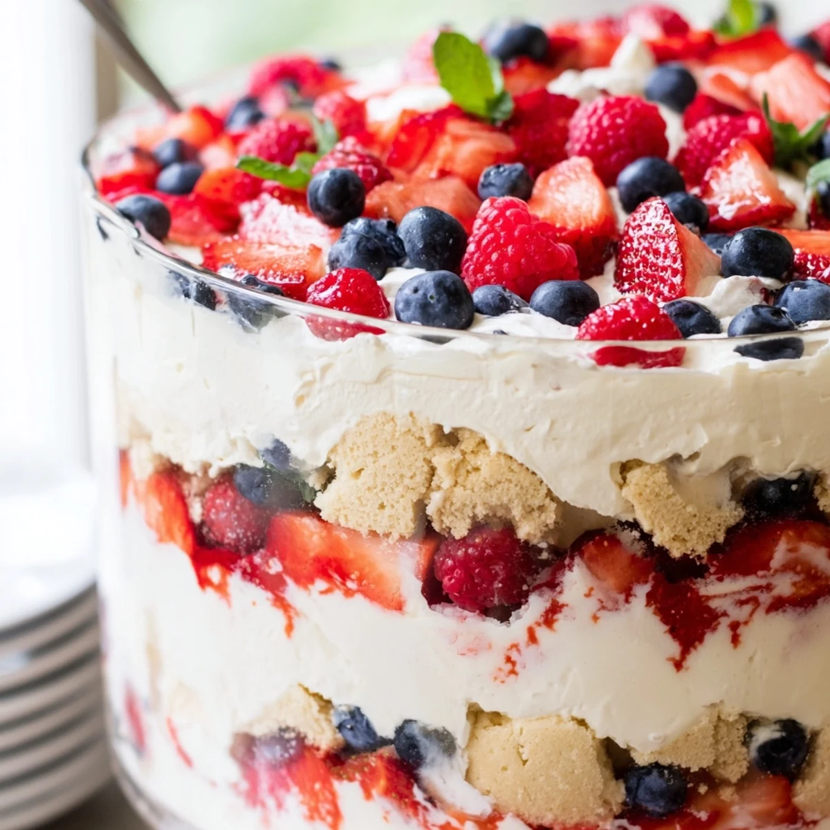 A close-up of red white blue mixed berry yum yum with mint garnish