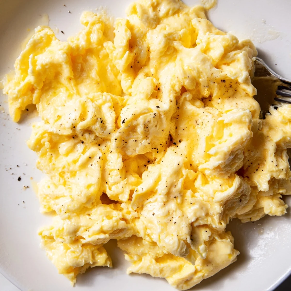 Creamy scrambled eggs piled on a plate with golden buttery curds glistening under soft morning light