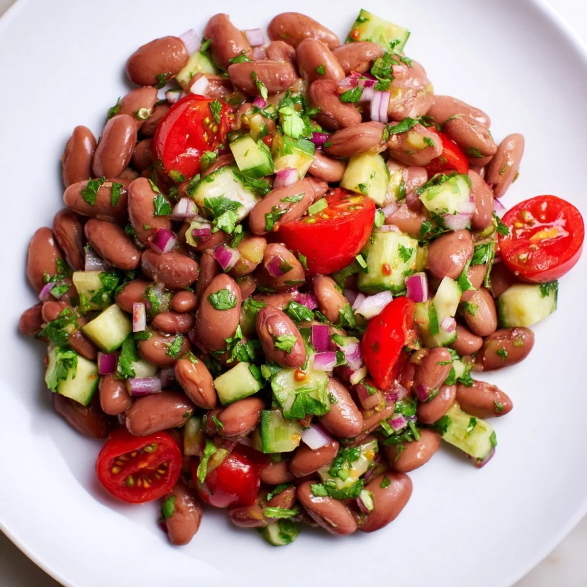 Colorful pinto bean salad in a rustic bowl, glistening with bright lime dressing