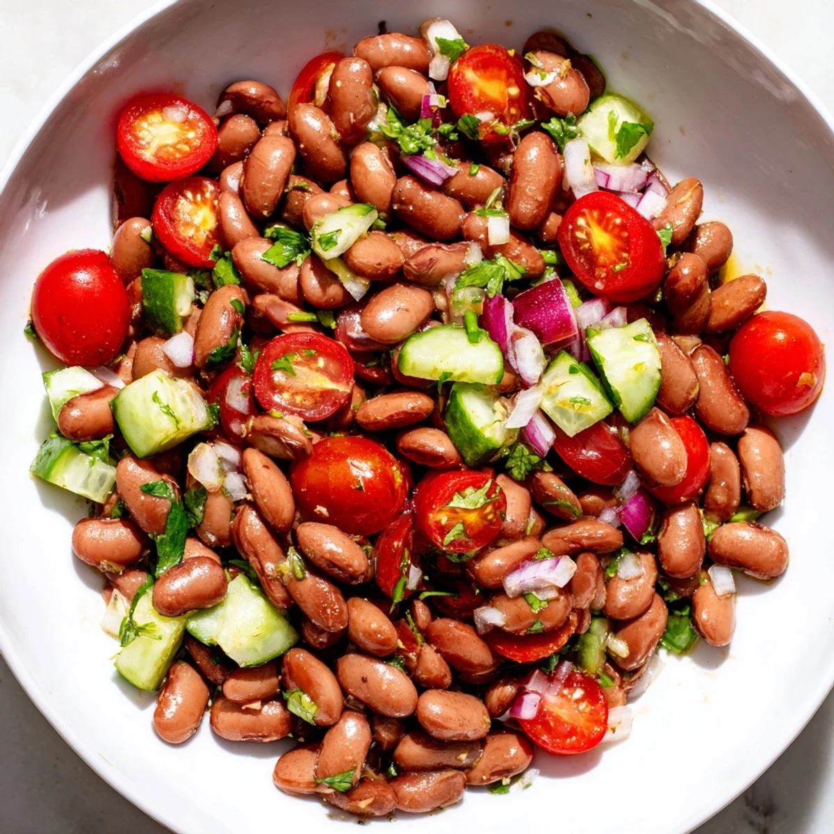 Hearty pinto bean salad scooped into a tortilla chip, perfect for outdoor picnics