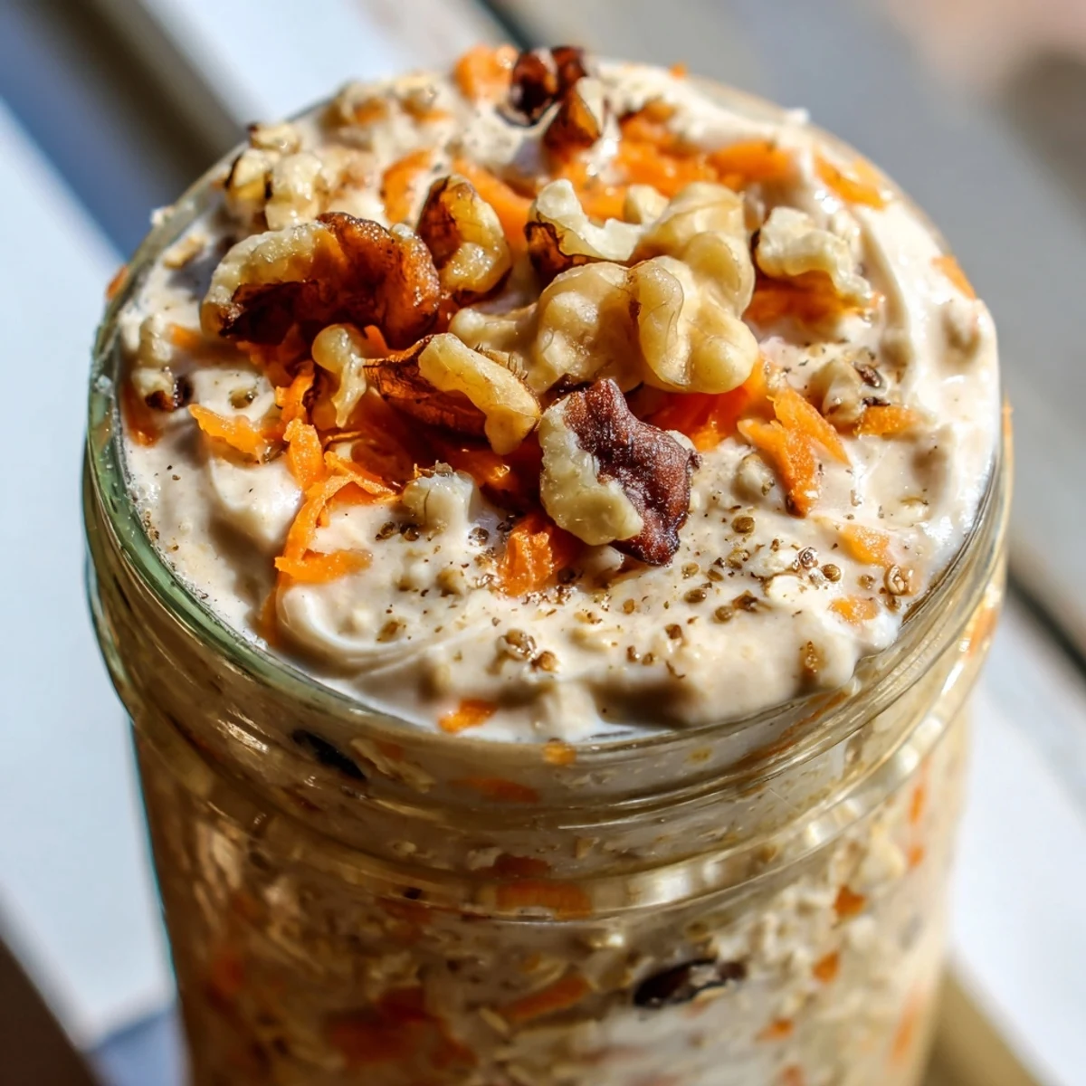 Creamy carrot cake overnight oats topped with walnuts and a drizzle of maple frosting