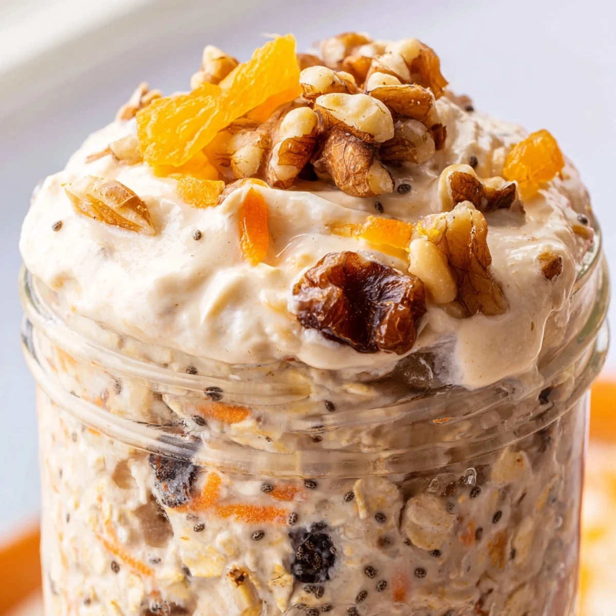 Thick spiced carrot cake overnight oats served in a mason jar with raisins