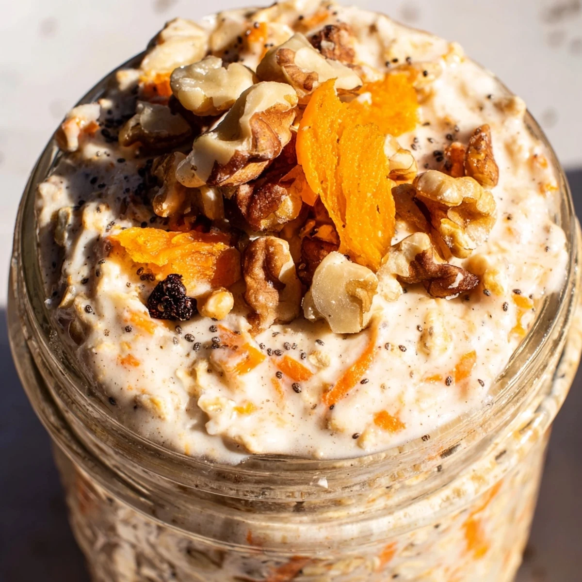 Golden grated carrots layered through carrot cake overnight oats with a creamy topping