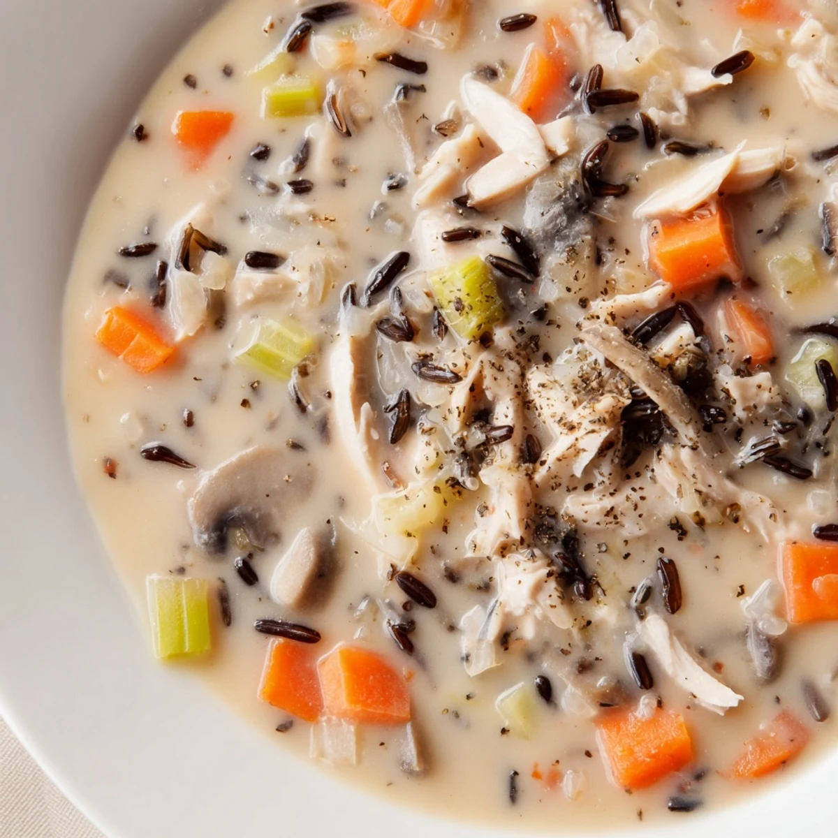 Steaming bowl of creamy slow cooker chicken mushroom wild rice soup with crusty bread