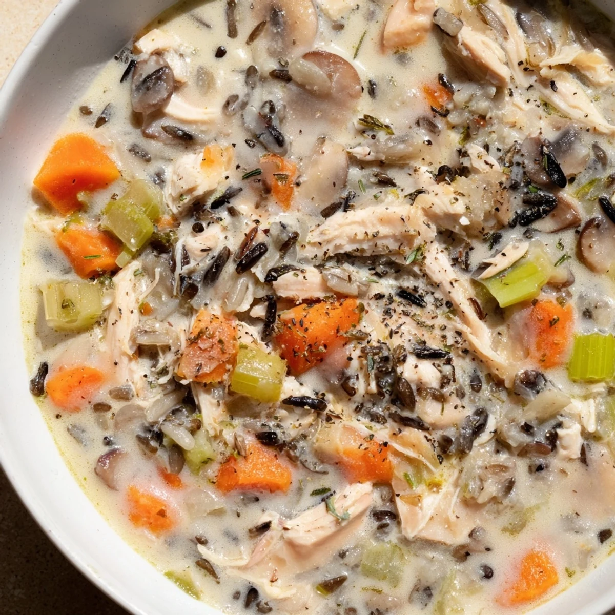 Thick creamy slow cooker chicken mushroom wild rice soup topped with shredded chicken and fresh thyme