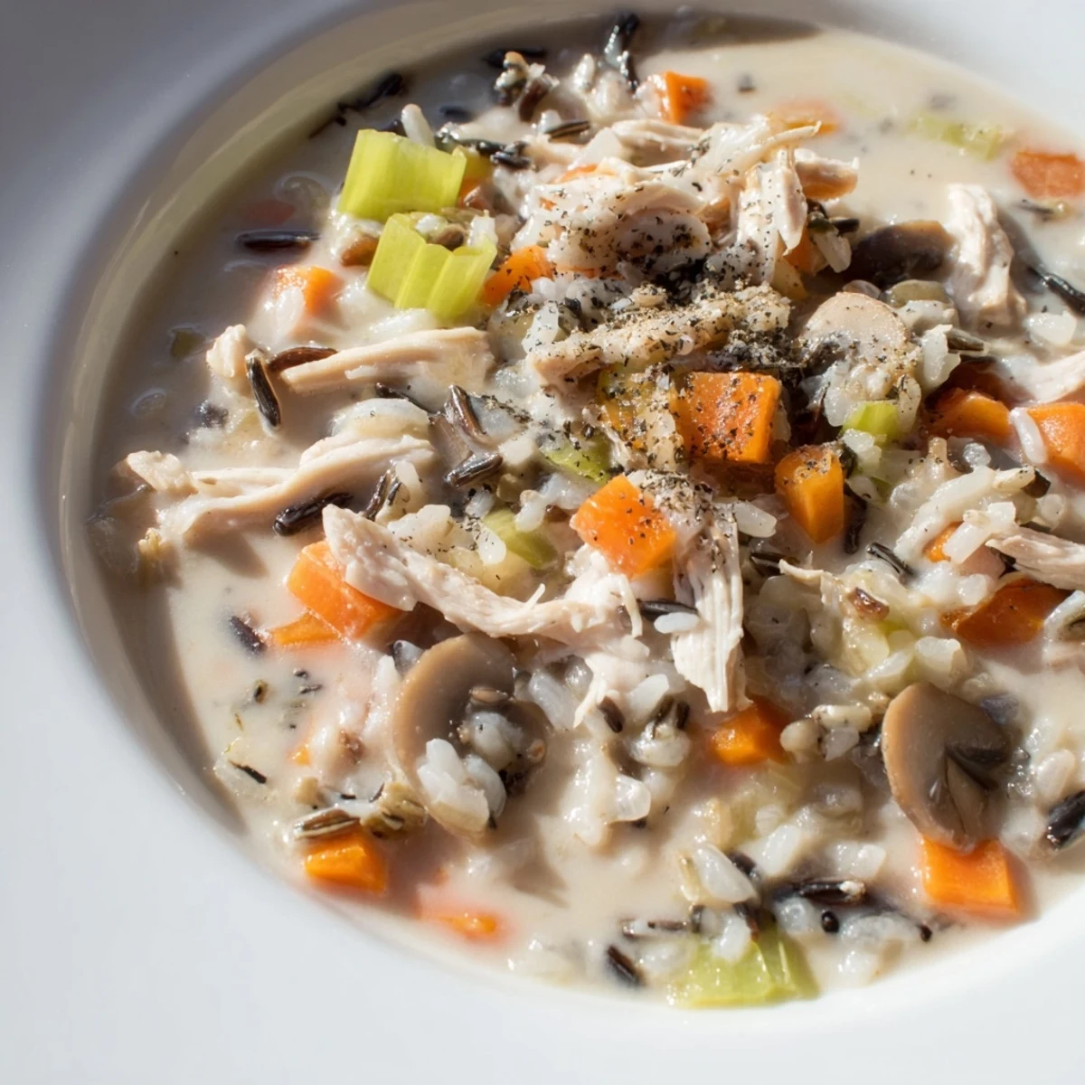 A cozy bowl of slow cooker chicken mushroom wild rice soup garnished with cracked black pepper