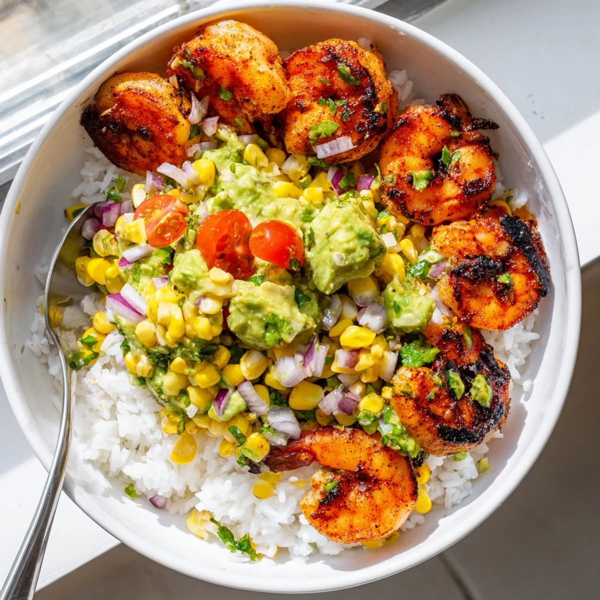 Charred grilled shrimp bowl with avocado corn salsa over fluffy rice