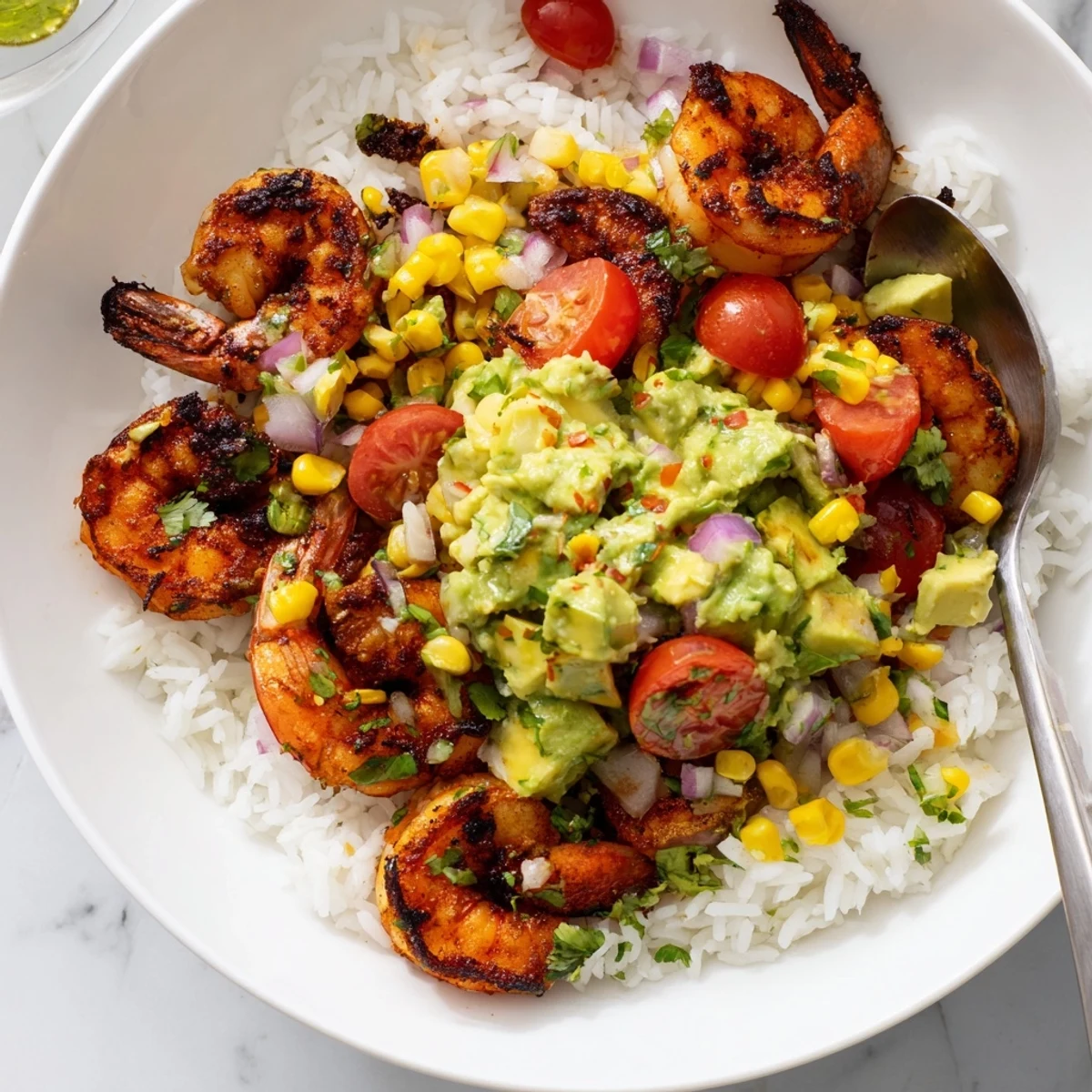 Plated grilled shrimp bowl with avocado corn salsa garnished with cilantro