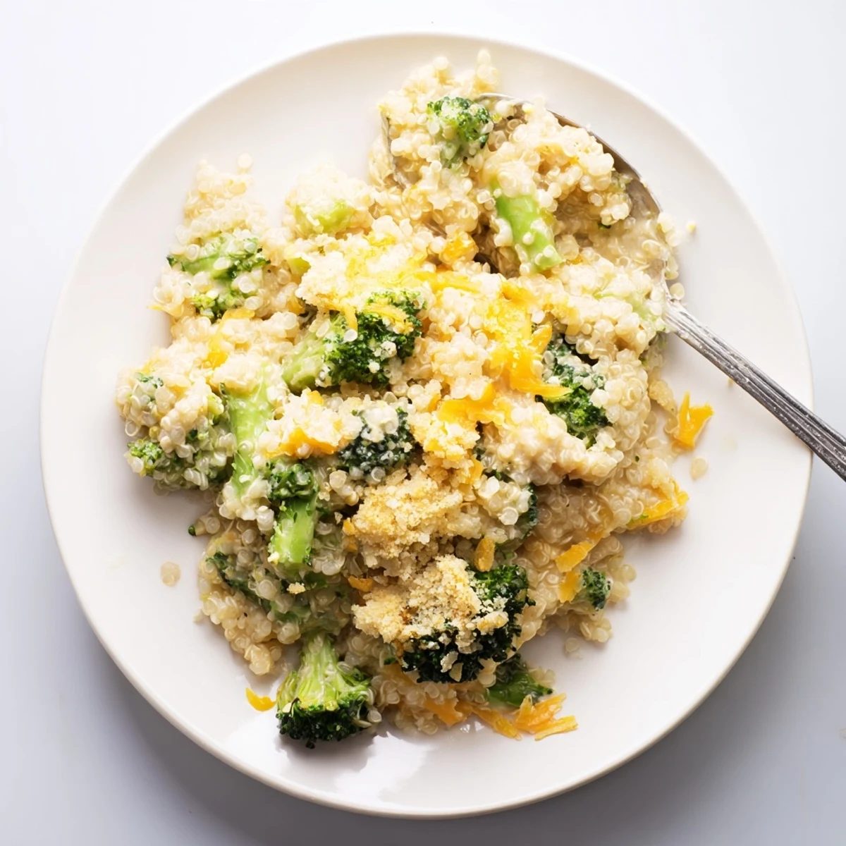 Golden baked creamy broccoli quinoa casserole with melted cheddar topping