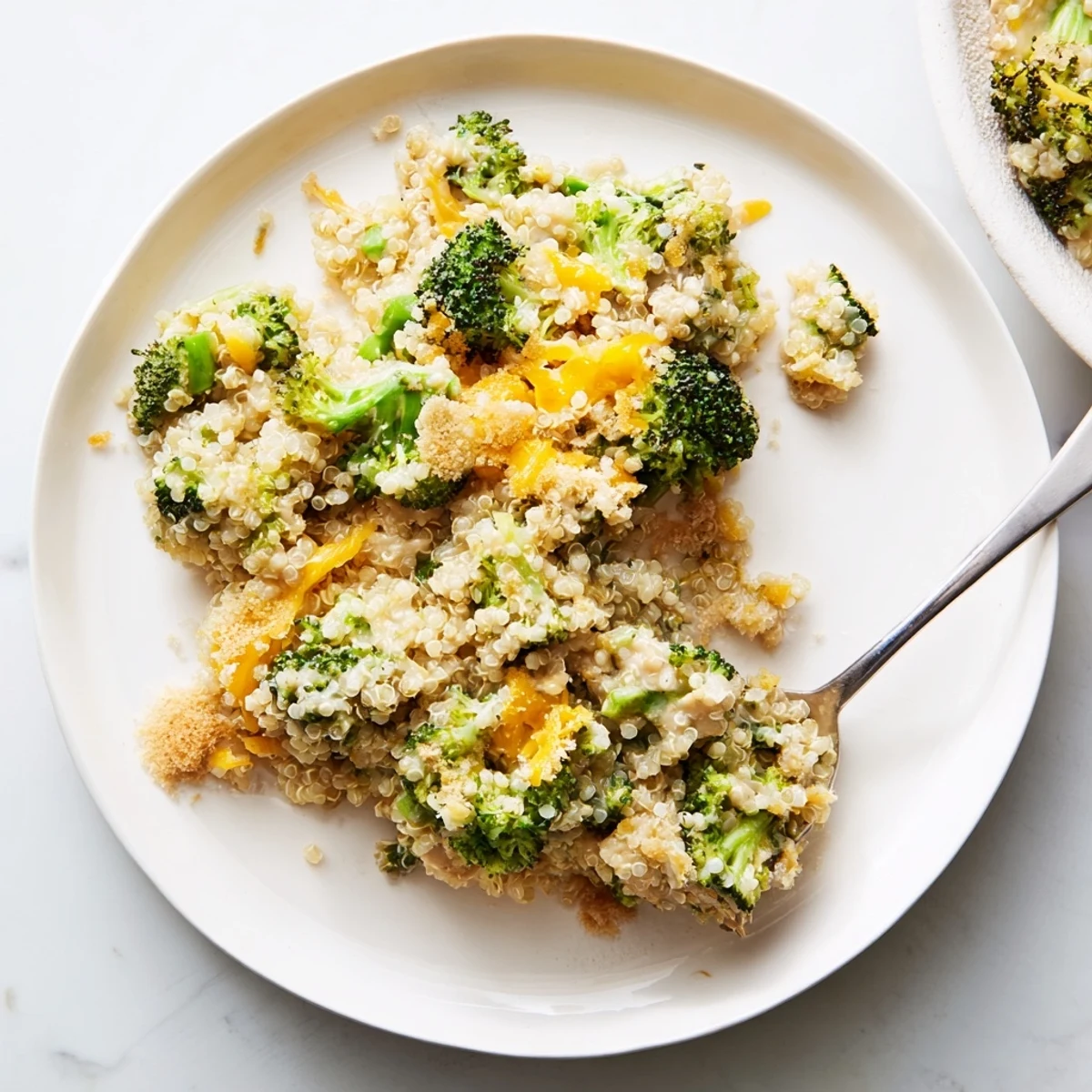 Tender broccoli and fluffy quinoa in a bubbling creamy cheesy casserole