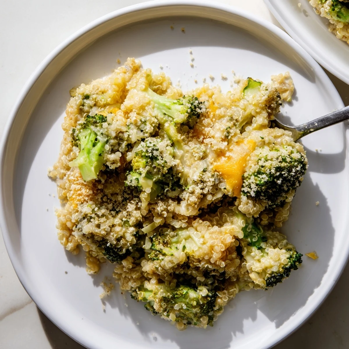 Creamy broccoli quinoa casserole served warm in a cozy baking dish