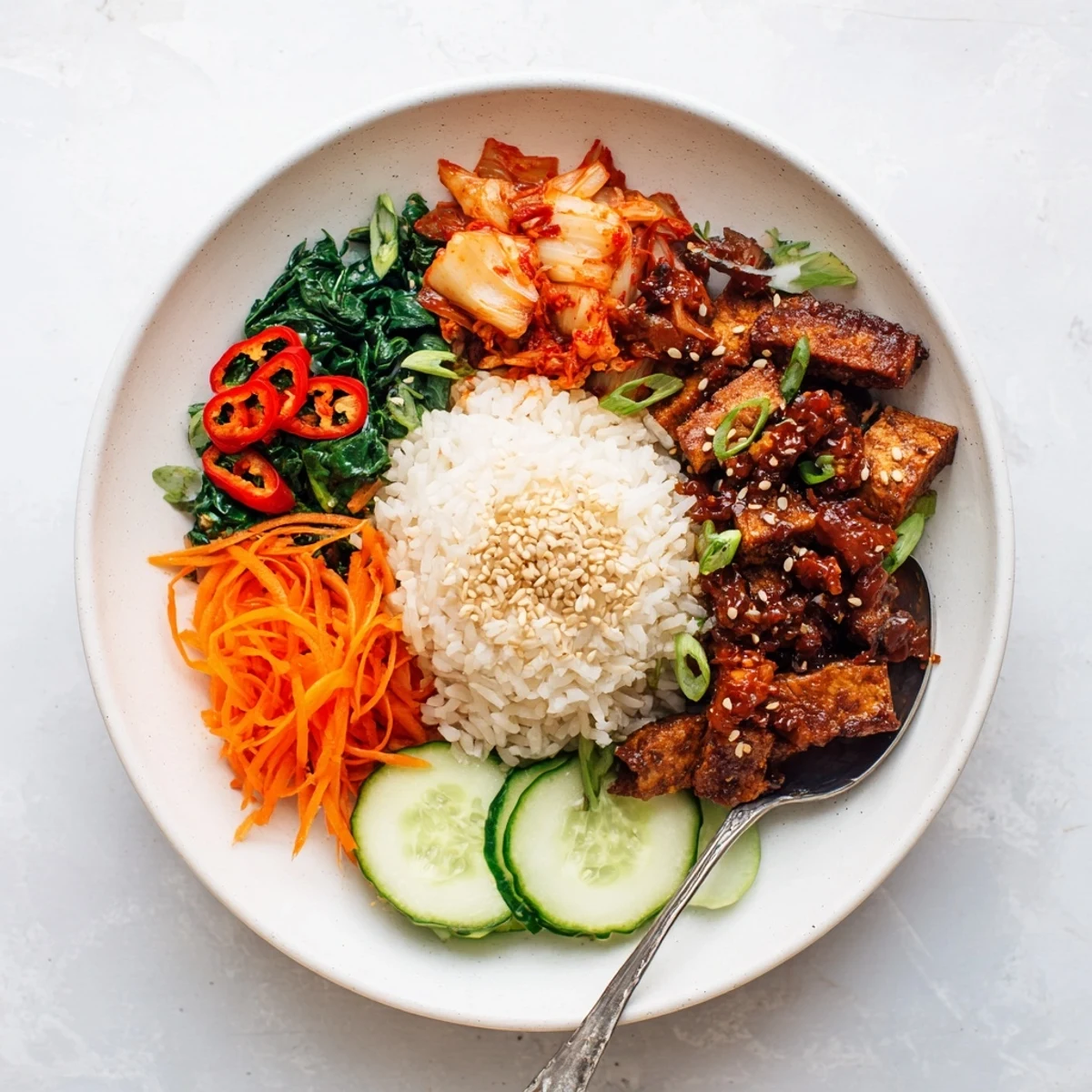 Vegan crispy shredded tofu bulgogi bowl garnished with sliced cucumber and green onion
