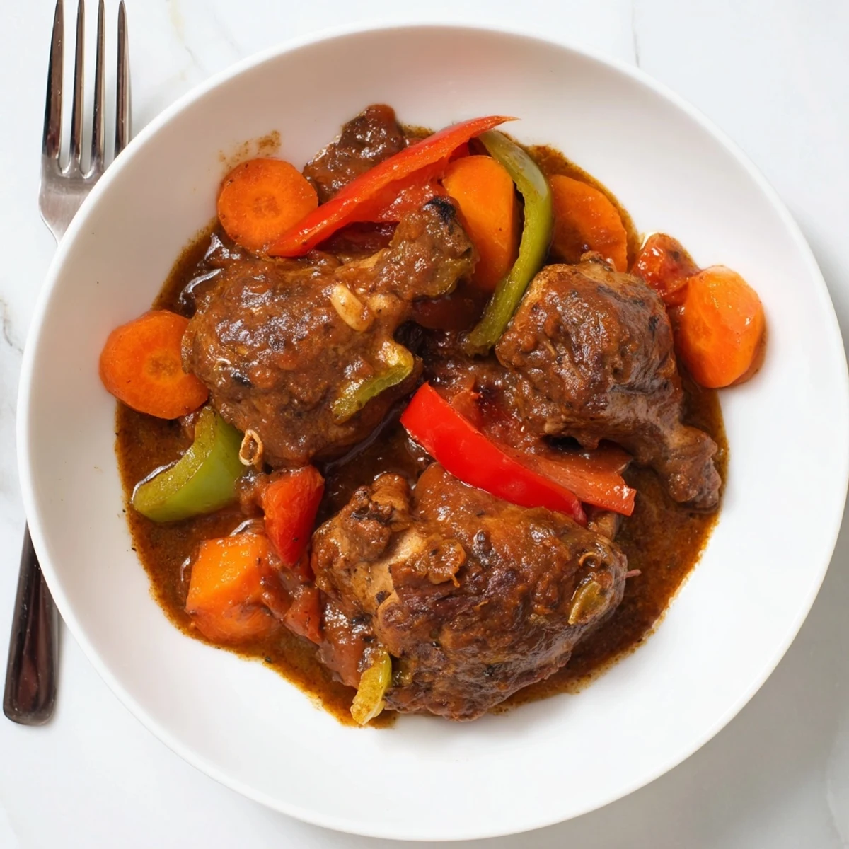 Jamaican brown stew chicken simmered in a rich, deeply spiced gravy with bell peppers