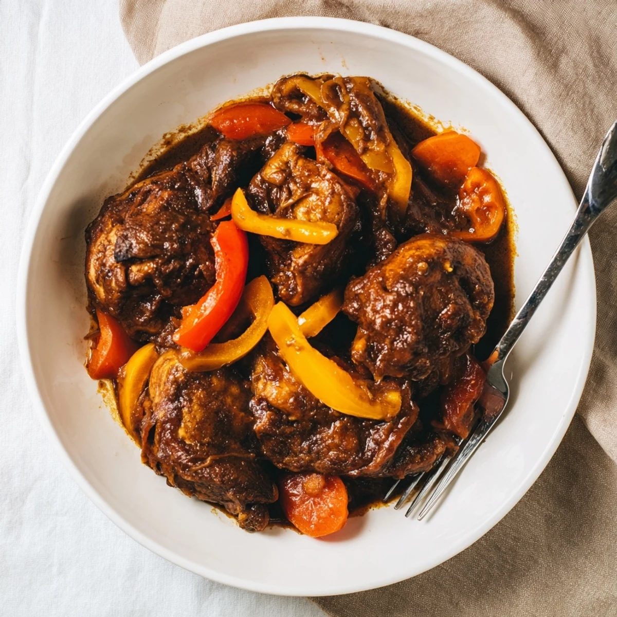 Tender Jamaican brown stew chicken served over steamed white rice with thick savory sauce