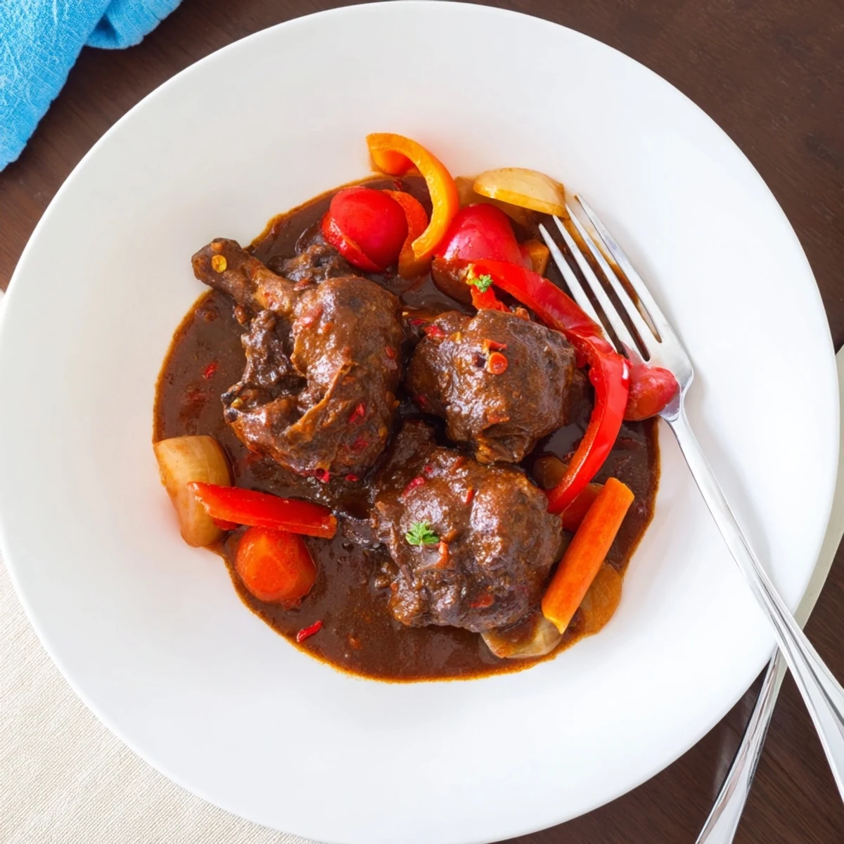 Golden-browned Jamaican brown stew chicken nestled with carrots and onions in a dark aromatic stew